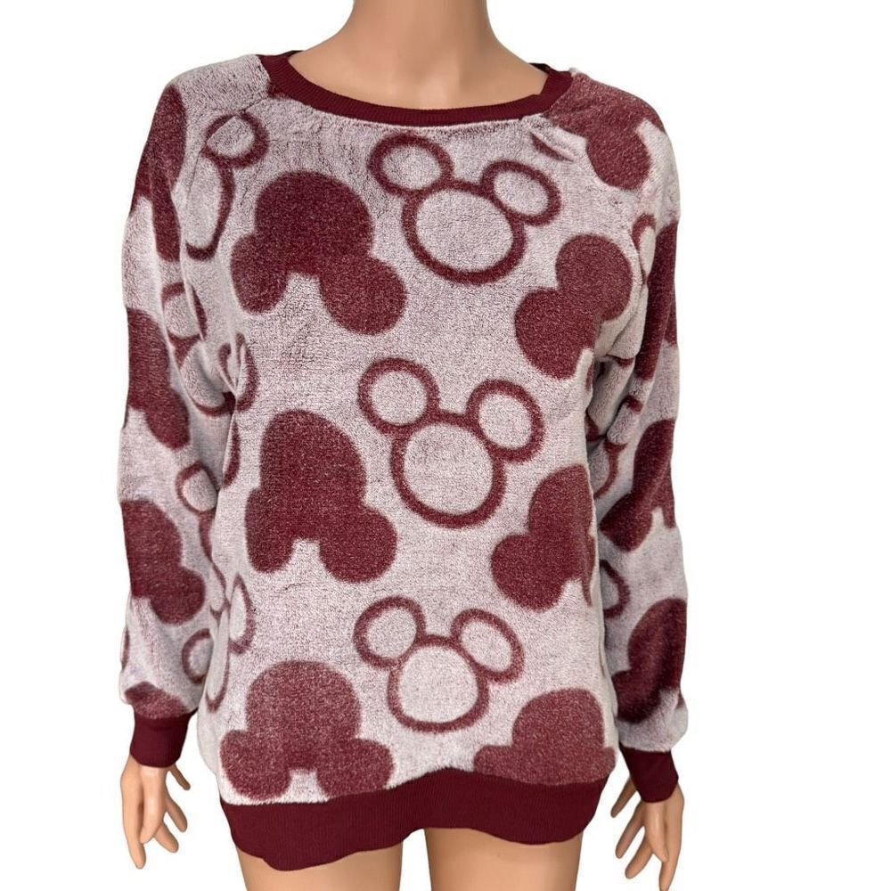 Disney Plush Sweater Women's Mickey Mouse All Over Print Burgundy size S